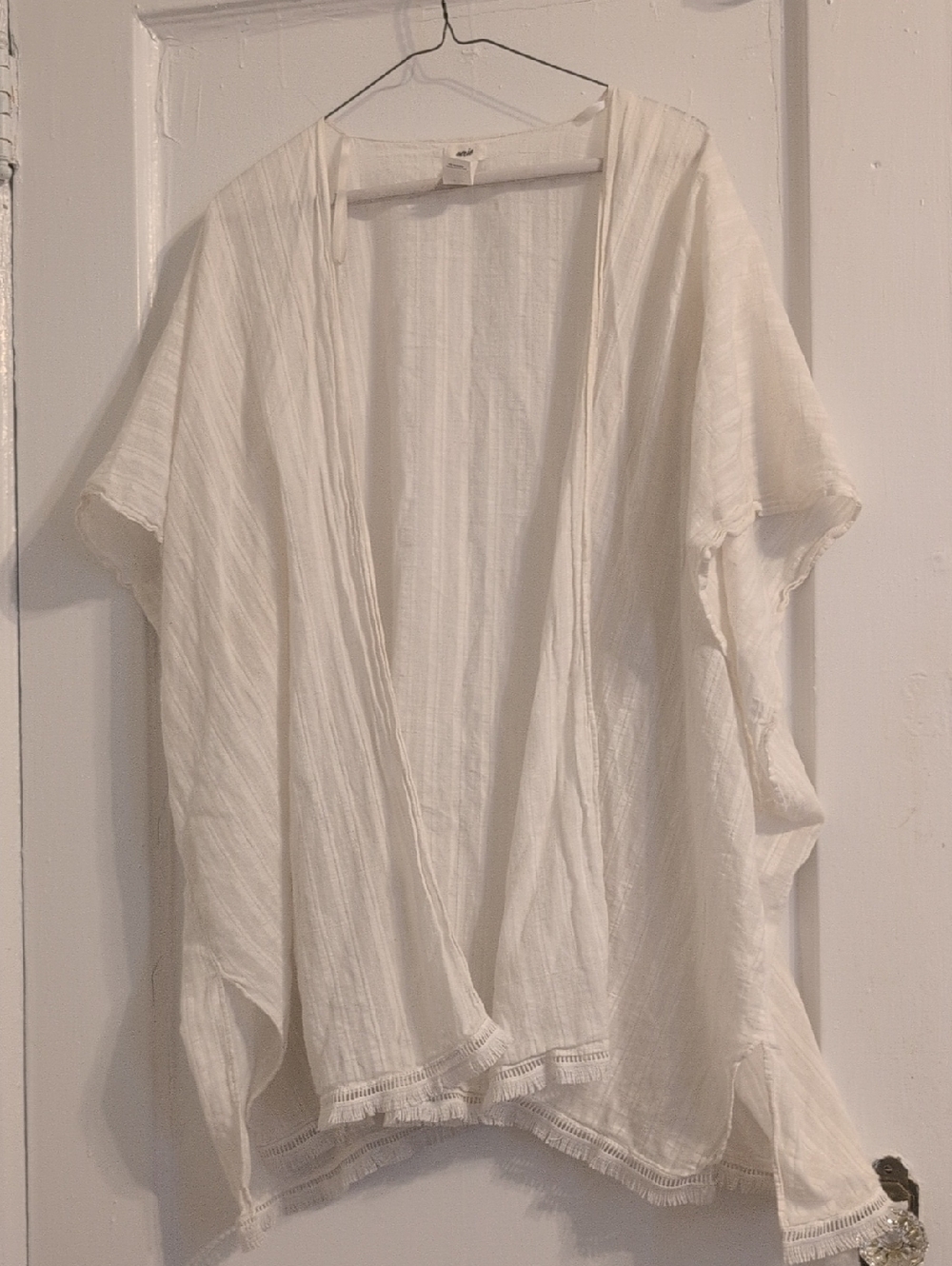 Aerie Textured Stripe Fringe Kimono Beach Swim Cover Up OS L-Off White